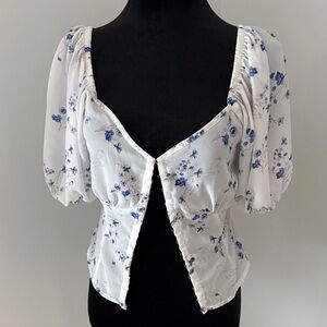 Sienna Sky Floral Puff Sleeve Blouse - White and Blue
